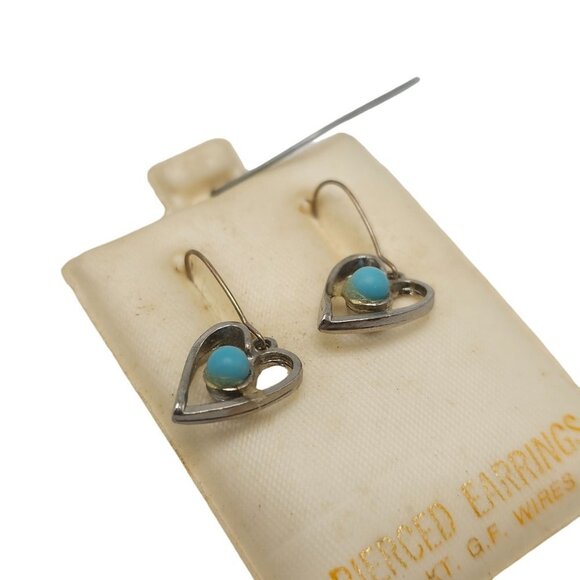 Faux Blue Turquoise Heart Dangle Drop Earrings Silver Tone Vintage - Picture 2 of 4